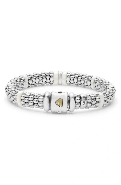 Lagos Sterling Silver And Gold White Caviar White Ceramic Diamond Link Bracelet In White