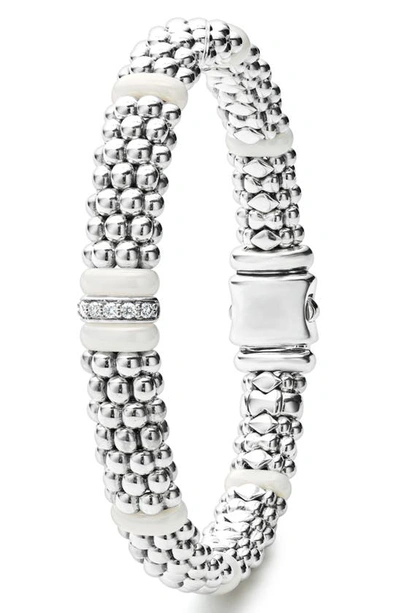 Lagos Sterling Silver And Gold White Caviar White Ceramic Diamond Link Bracelet In White