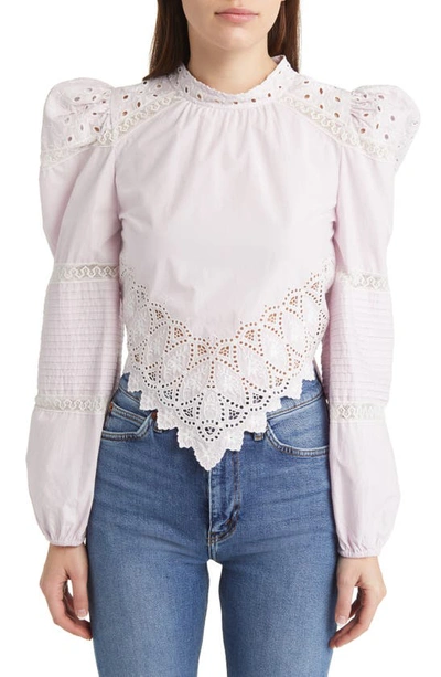 Loveshackfancy Hito Perforated-detailing Cotton Blouse In Soft Iris