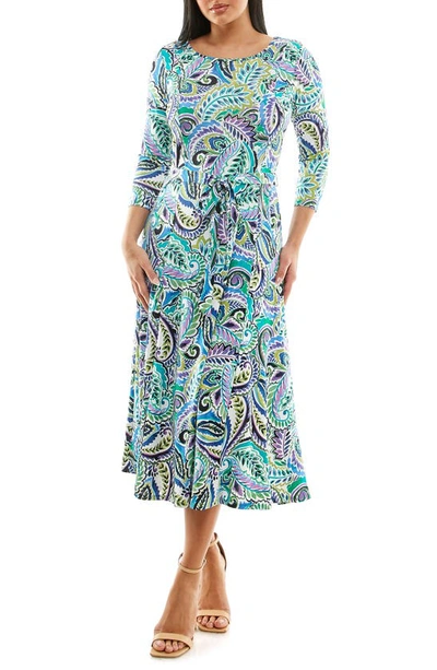 Shop Nina Leonard Crewneck Three-quarter Sleeve Midi Dress In Green Multi