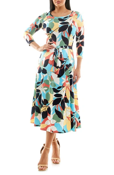 Shop Nina Leonard Crewneck Three-quarter Sleeve Midi Dress In Navy/ Carolina Multi