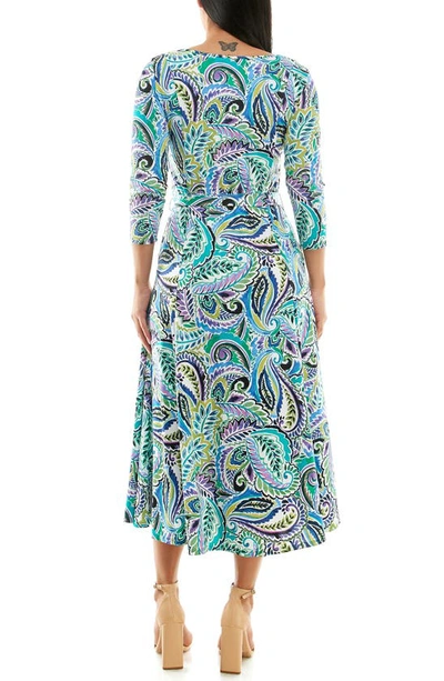 Nina Leonard Crewneck Three-quarter Sleeve Midi Dress In Green Multi