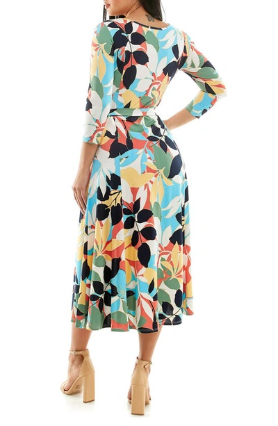 Nina Leonard Crewneck Three-quarter Sleeve Midi Dress In Navy/ Carolina Multi