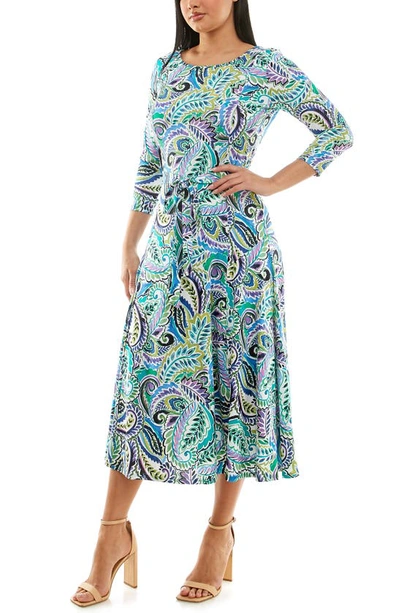 Nina Leonard Crewneck Three-quarter Sleeve Midi Dress In Green Multi