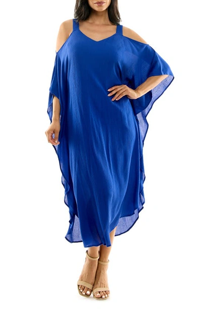 Shop Nina Leonard Gauze Long Sleeve Cold Shoulder Dress In Lapis