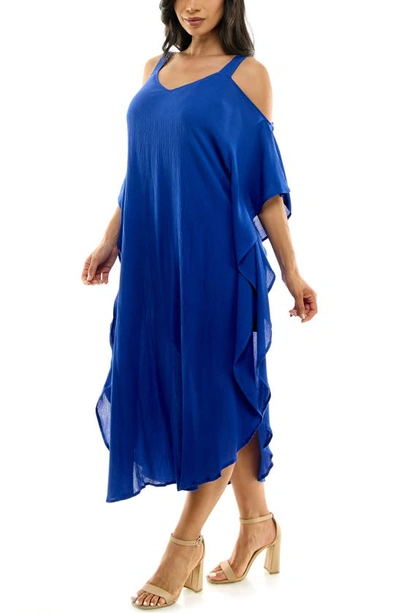 Shop Nina Leonard Gauze Long Sleeve Cold Shoulder Dress In Lapis