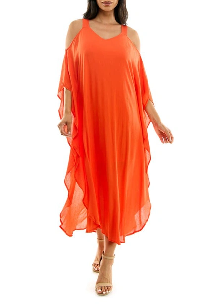 Shop Nina Leonard Gauze Long Sleeve Cold Shoulder Dress In Orange
