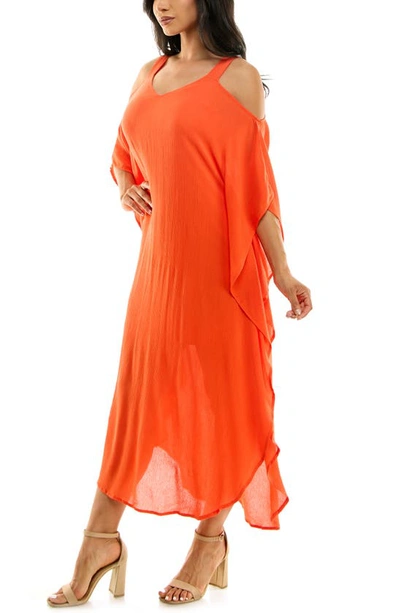 Shop Nina Leonard Gauze Long Sleeve Cold Shoulder Dress In Orange