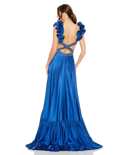 Shop Mac Duggal Beaded Cross Cut Out Ruffled Strap A Line Gown In Royal
