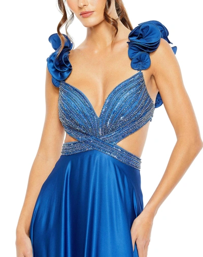 Shop Mac Duggal Beaded Cross Cut Out Ruffled Strap A Line Gown In Royal