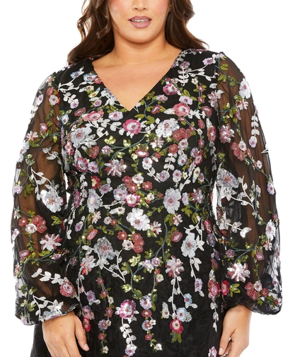 Mac Duggal Puff Sleeve High Neck Embellished A Line Dress In Black Multi