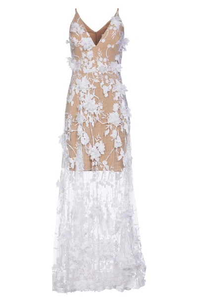 Shop Dress The Population Sidney Deep V-neck 3d Lace Gown In White/nude