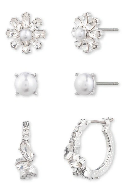 Shop Marchesa Pretty Petals Set Of 3 Earrings In Rhodium/ Crystal