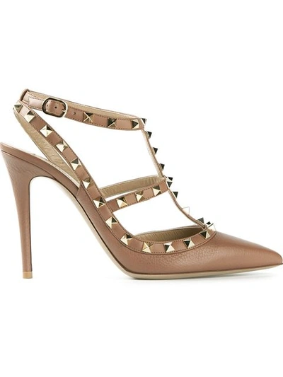 Valentino Garavani Ankle Strap Rockstud Leather Heels In Deep Cuir