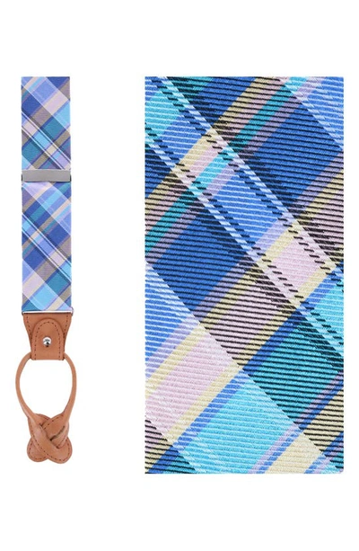 Shop Trafalgar Sherwood Plaid Silk Suspenders In Blue Plaid