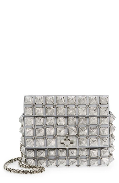 Shop Valentino Mini Roman Stud Overlay Shoulder Bag In Palladio/crystal/grey