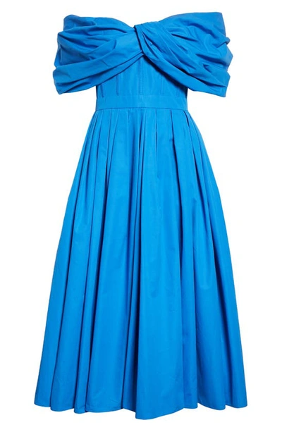 Shop Alexander Mcqueen Off The Shoulder Cotton Poplin Midi Dress In 4155 Galactic Blue