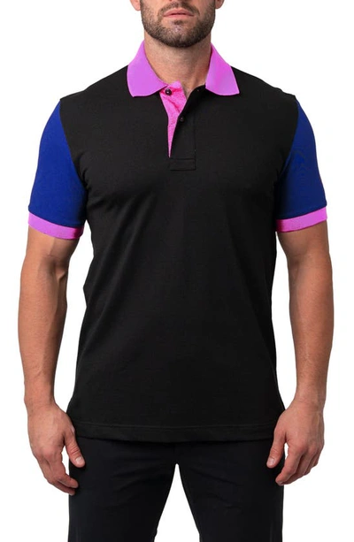 Shop Maceoo Mozart Regular Fit Colorblock Egyptian Cotton Button-up Polo In Black