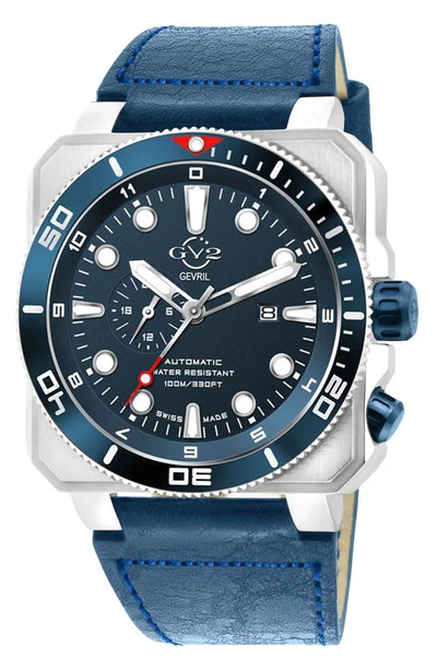 Shop Gv2 Xo Submarine Automatic Swiss Leather Strap Watch, 44mm In Blue