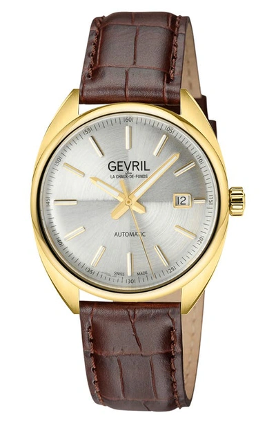 Shop Gevril Five Points Swiss Automatic Croc Embossed Leather Strap Watch, 40mm In Brown