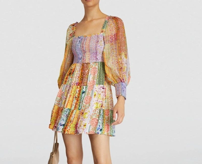 Shop Alice And Olivia Rowen Puff Sleeve Tiered Skirt Tunic Chiffon Mini Dress In Floral In Multi