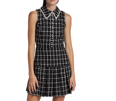 Shop Alice And Olivia Ellis Box Pleat Pearl Trim Sleeveless Mini Dress In Black/off White In Multi