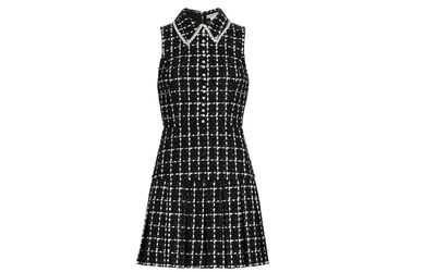 Shop Alice And Olivia Ellis Box Pleat Pearl Trim Sleeveless Mini Dress In Black/off White In Multi