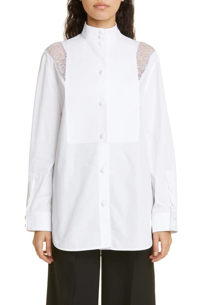 Shop Burberry Lace Inset Cotton Poplin Button-up Blouse In Optic White