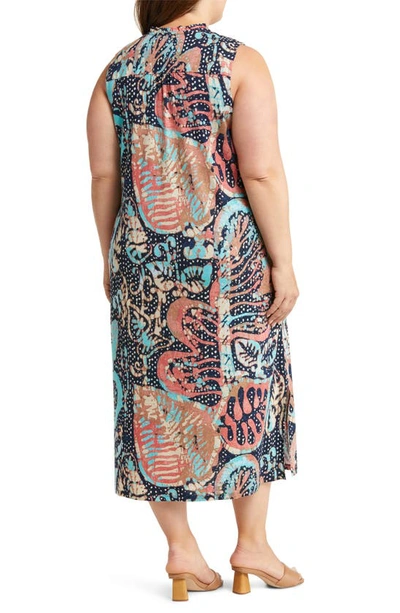 Shop Nic + Zoe Batik Stamp Linen Blend Midi Dress In Indigo Multi