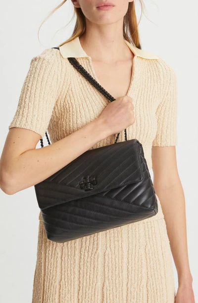 Tory Burch Women's Kira Chevron Powder Coated Small Flap Shoulder Bag,  Black/Silver, One Size: Handbags