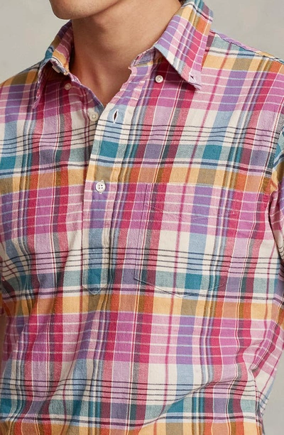 Madras Plaid Half Placket Short Sleeve Cotton Button-up Shirt In Pink/cream  Multi