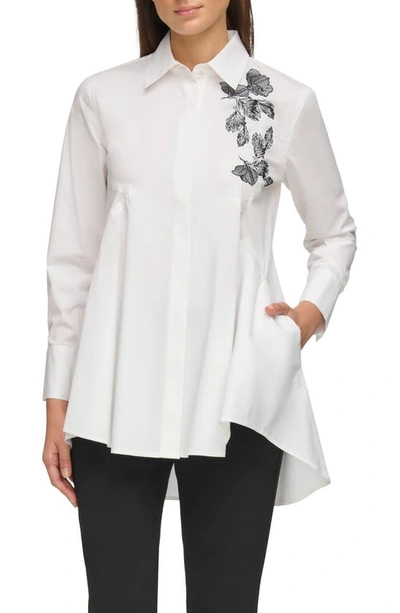 Shop Donna Karan Embroidered Poplin Tunic Shirt In White