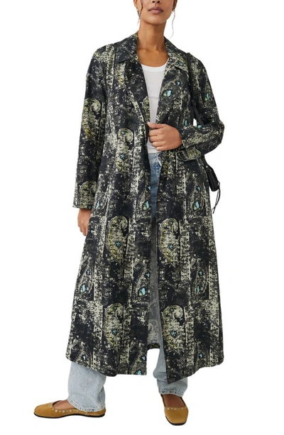 Shop Free People Rae Paisley Print Cotton & Linen Duster Jacket In Washed Black Combo