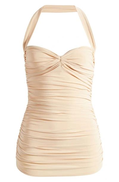 Shop Norma Kamali Bill Ruched One-piece Swimsuit In Con Leche