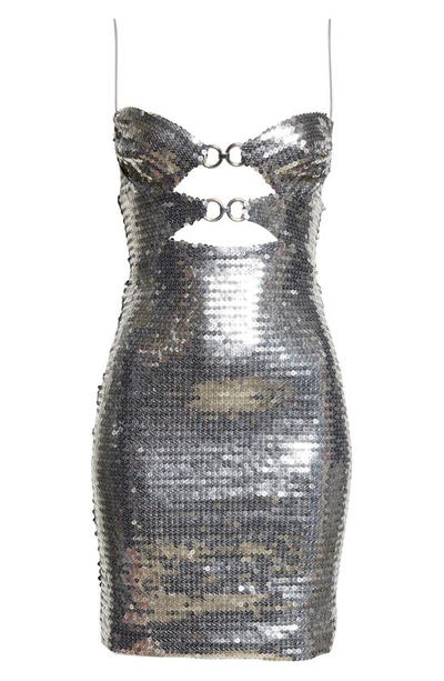 Shop Nensi Dojaka Sequin Cutout Draped Bra Minidress In Metallic Silver Msil