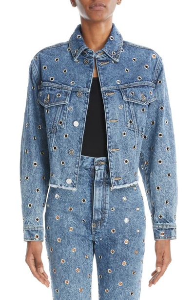 Shop Alaïa Eyelet Frayed Hem Crop Denim In Bleu Neige