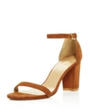 STUART WEITZMAN NEARLYNUDE SUEDE ANKLE STRAP BLOCK HEEL SANDALS,NEARLYNU