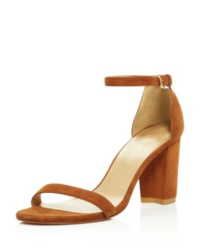 Shop Stuart Weitzman Nearlynude Suede Ankle Strap Block Heel Sandals In Saddle