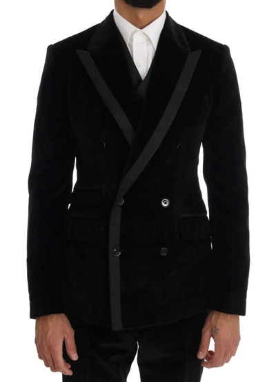 Shop Dolce & Gabbana Black Velvet Slim Double Breasted Men's Suit