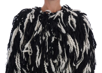 Shop Dolce & Gabbana Black White Fringes Women's Wool Women's Coat In Black/white