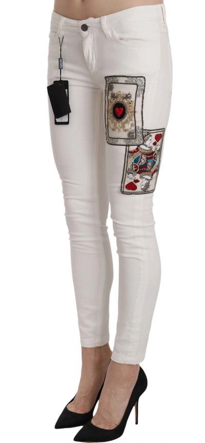Shop Dolce & Gabbana Queen Of Hearts Crystal Skinny Women's Jeans In White