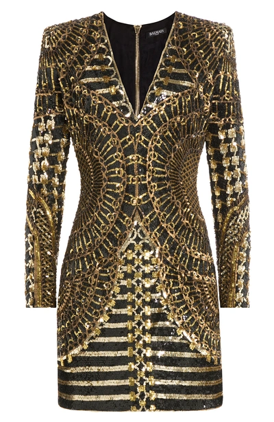 Balmain Long-sleeve Embellished Mini Dress, Black/gold In Black Gold