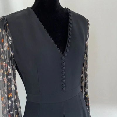 Pre-owned Alexander Mcqueen Black V Neck Dress With Buttons And Sheer Printed Sleeves In Default Title