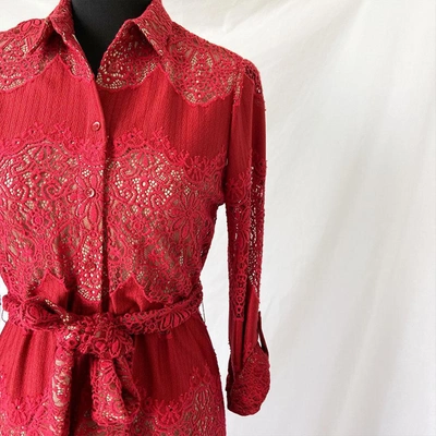 Pre-owned Alice And Olivia Alice + Olivia Red Floral Guipure Lace Maxi Shirt Dress In Used / 2 / Red