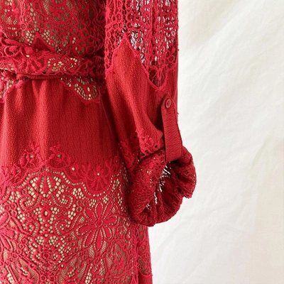 Pre-owned Alice And Olivia Alice + Olivia Red Floral Guipure Lace Maxi Shirt Dress In Used / 2 / Red