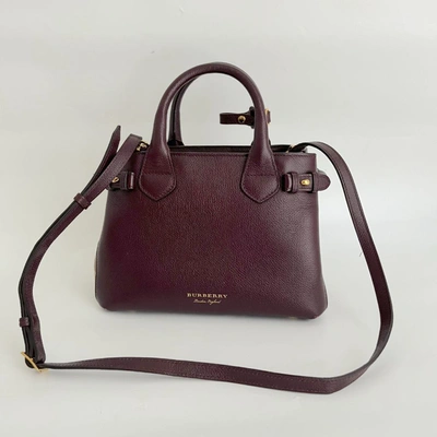 Pre-owned Burberry Burgundy/beige Leather And House Check Fabric Small Banner Tote In Default Title