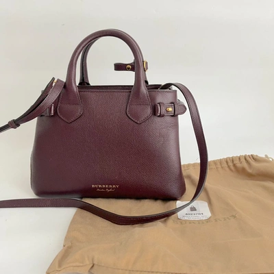 Pre-owned Burberry Burgundy/beige Leather And House Check Fabric Small Banner Tote In Default Title