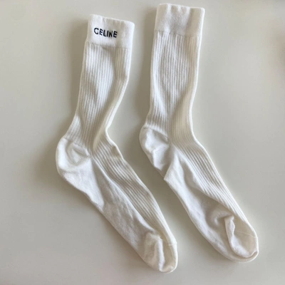 Pre-owned Celine White Ribbed Knitted Logo High Socks In Default Title