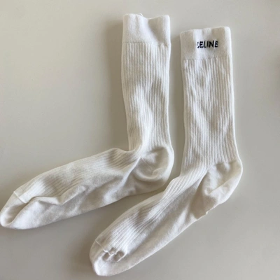 CELINE Pre-owned White Ribbed Knitted Logo High Socks In Default Title