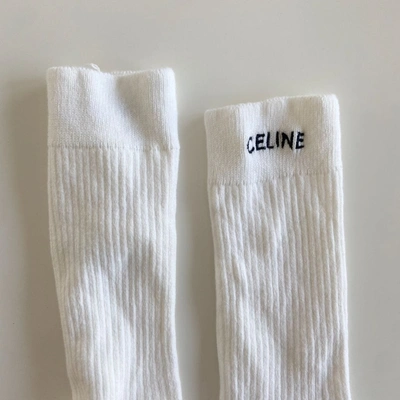 Pre-owned Celine White Ribbed Knitted Logo High Socks In Default Title